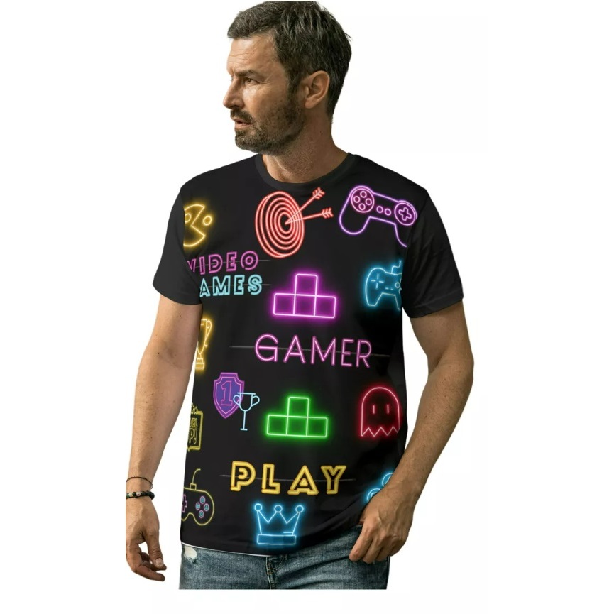 Camiseta Plus Size Neon Gamer Moda Neon Brilha Luz Negra