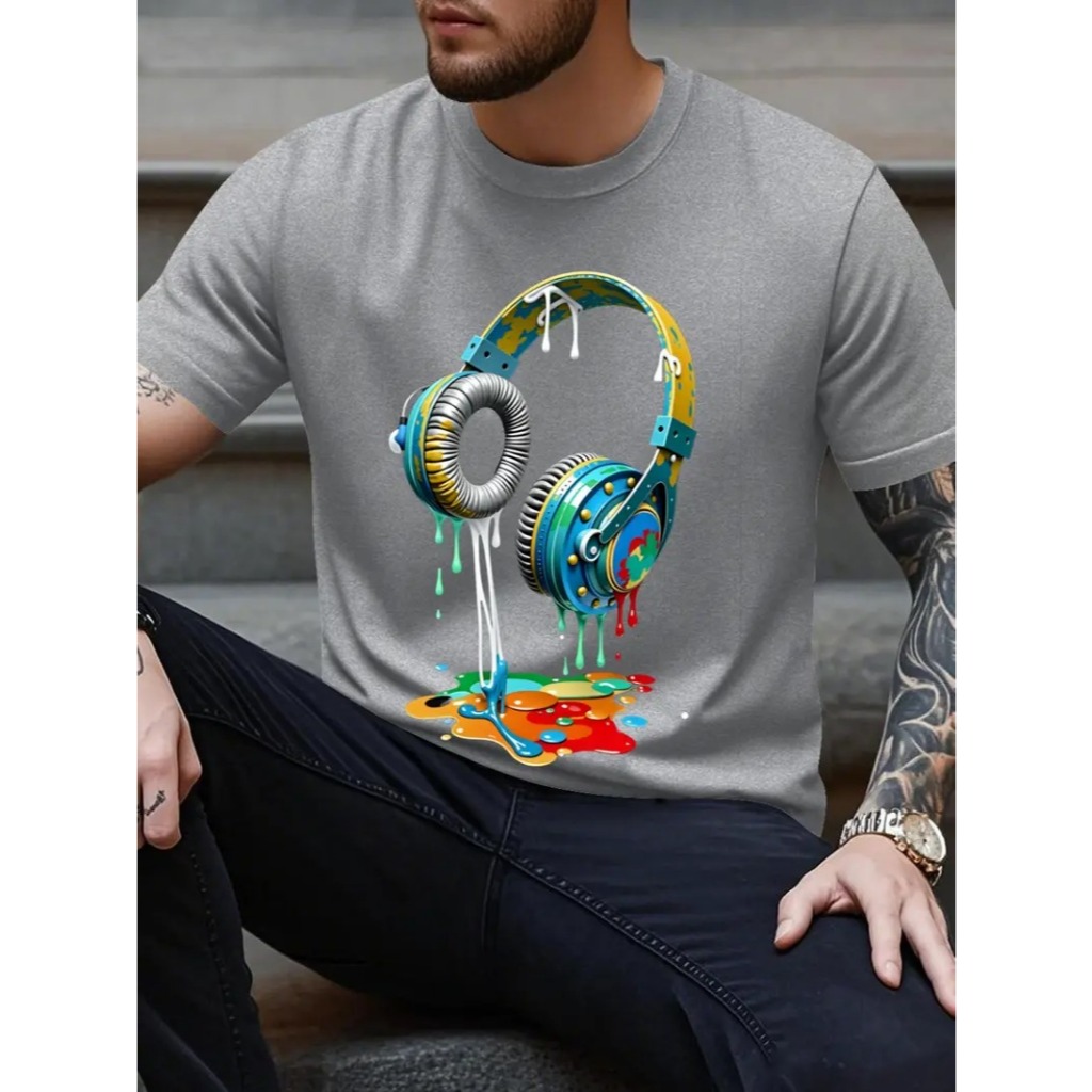 Camiseta Masculina Casual Algodão Premium Fone Ouvido Derretido Color Dj Headset Gamer Plus Size