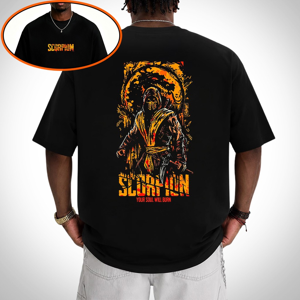Camiseta Masculina Oversized 100% Algodão Estampa Scorpion Mortal Kombat Gamer Preta Plus Size
