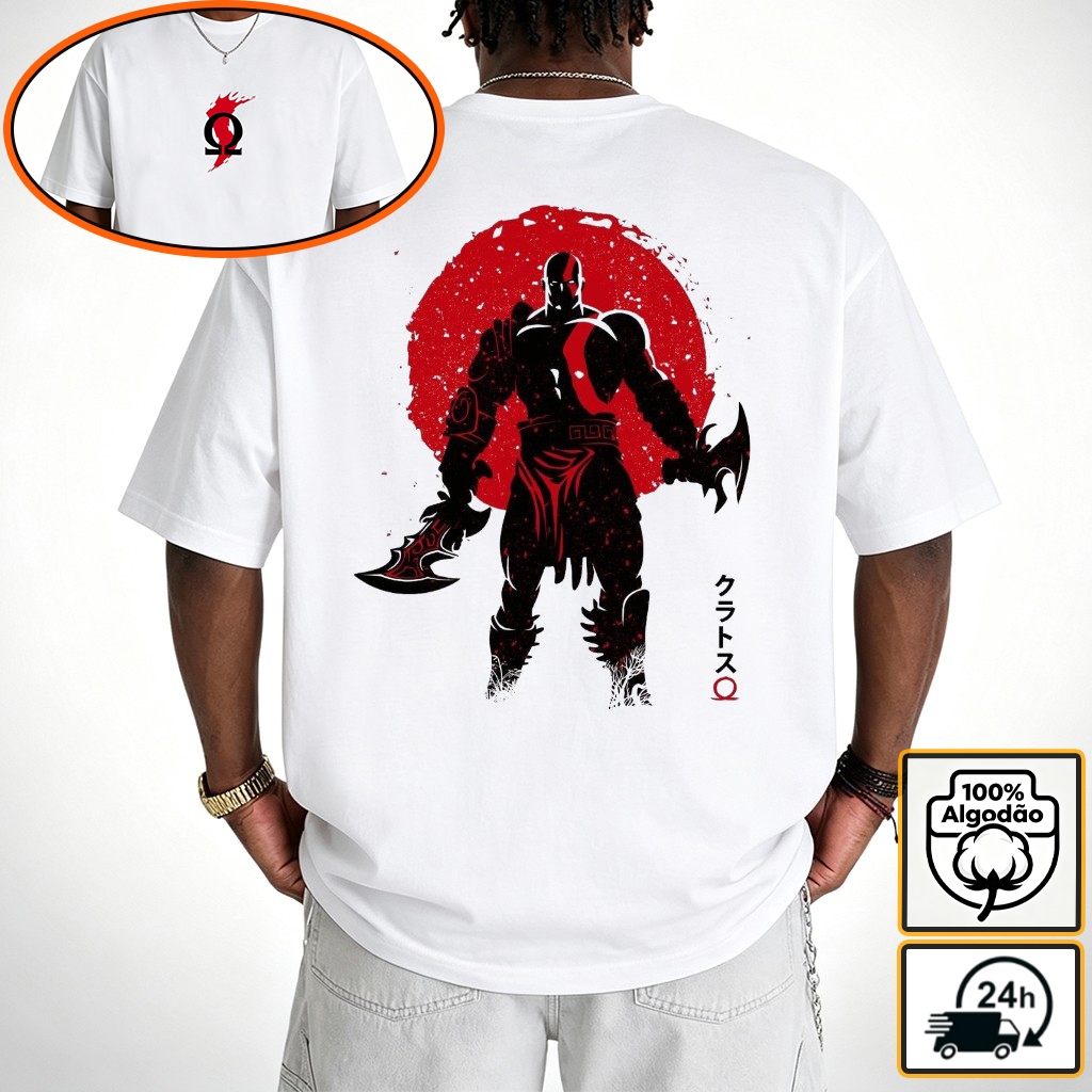 Camiseta Oversized Kratos God of War Estampa Japonesa Sol Vermelho 100% Algodão Moda Gamer Plus Size