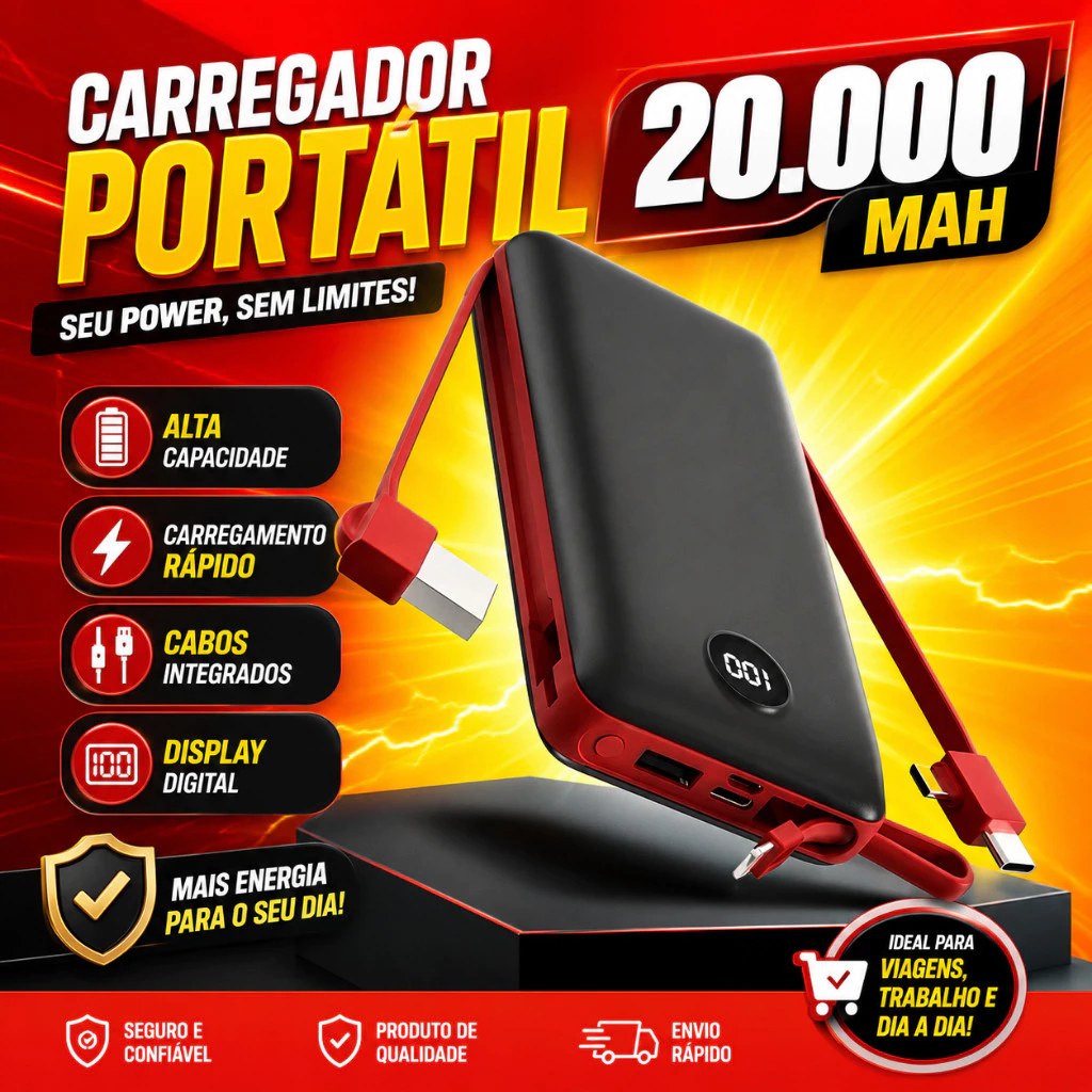 Power Bank Carregador Portátil 20.000mAh Digital compatível com iPhone e Samsung MOBY LUX