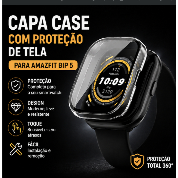 Capa Protetora para Amazfit Bip 5 com Proteção de Tela Case Anti-Risco Encaixe Completo