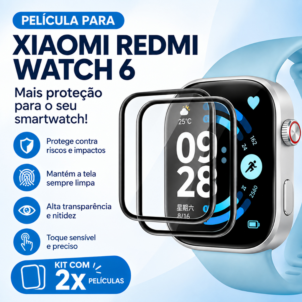 Kit 2x Película de Proteção 3D para REDMI Watch 6 /6 Lite Proteção Total Com Borda Preta