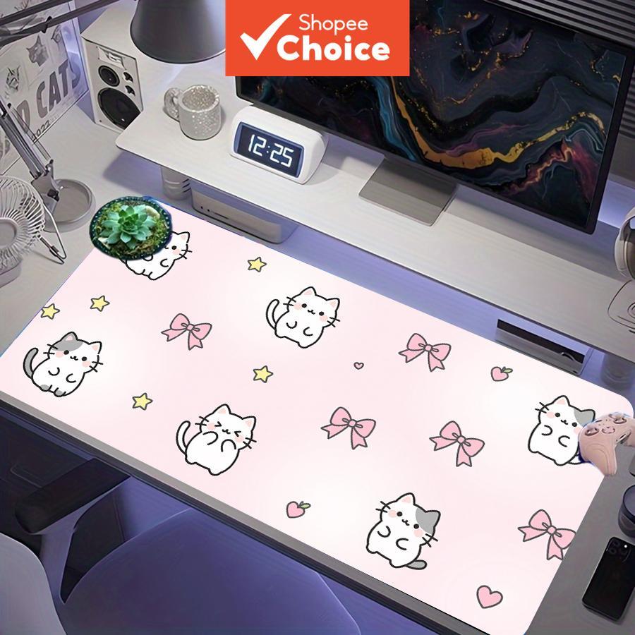 Tapete de rato para jogos grande XXL em linha artística fofa, gato cinza e branco com laço cor-de-rosa, estrelas,
