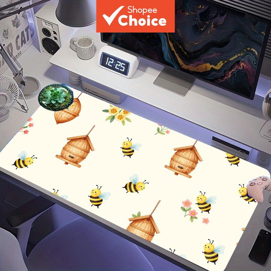 Tapete de rato para jogos extra grande (XXL) com padrão floral de colmeia de abelhas de madeira