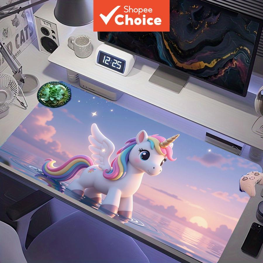 Tapete de rato para jogos XXL grande, com asas 3D fofas, unicórnio arco-íris pastel, céu estrelado ao pôr do sol, base