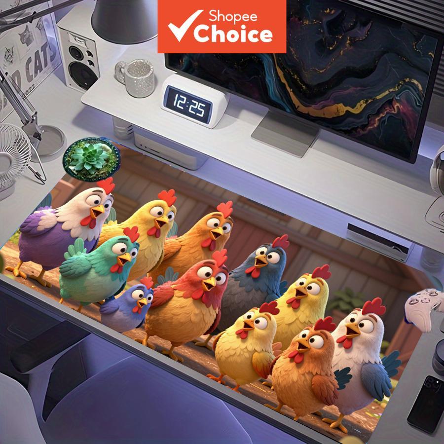 Tapete de rato para jogos extra grande, grupo de galinhas coloridas e fofas em estilo de desenho animado, XXL tapete de