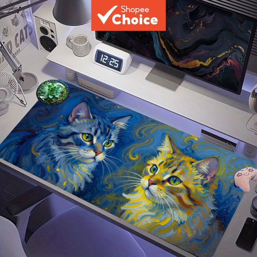 Almofada de Mesa XXL Pintura a Óleo Inspirada na Noite Estrelada com Gato Azul Tigrado Listrado, Traços de Pincel