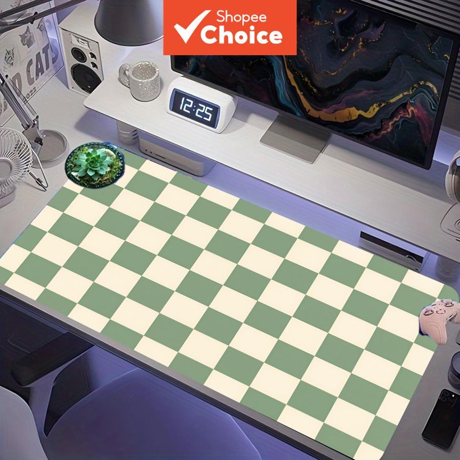 Tapete de Rato de Jogo Grande com Padrão de Damas Verde Matcha e Branco Creme, XXL Tapete de Mesa