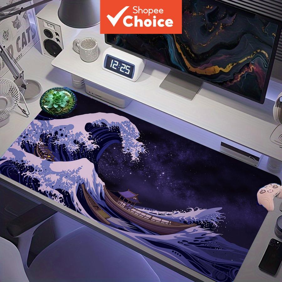 Tapete de mouse para jogos estendido com design de galáxia escura, ondas de Hokusai japonesas e barco de madeira; XXL