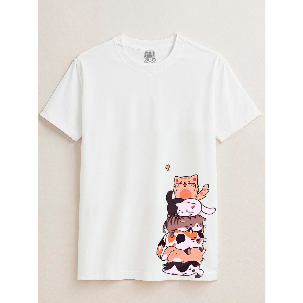 Camiseta Gatos Coloridos Juvenil e Infantil 100% Algodão 2 ao 16 anos Unissex Verão