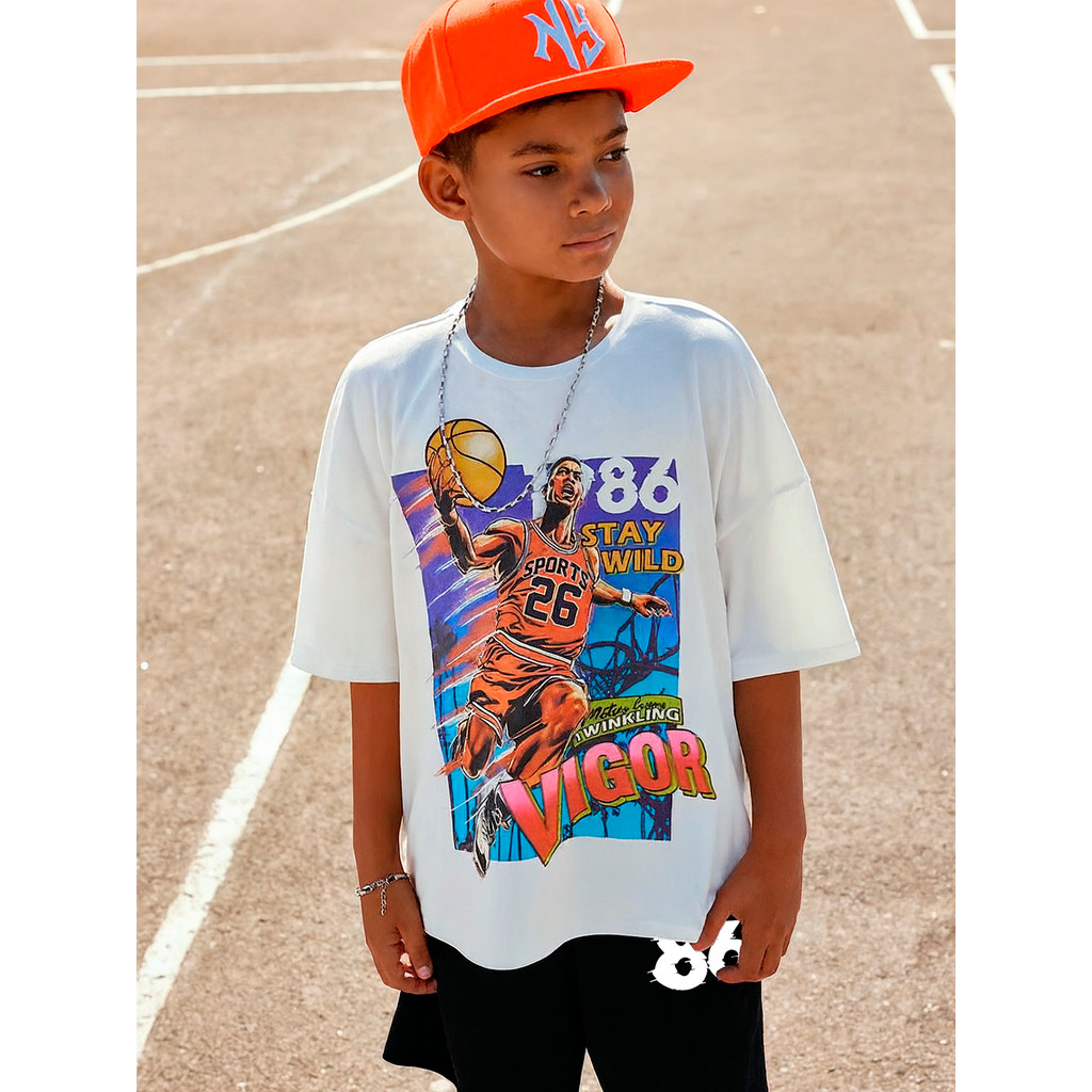 Conjunto Infantil Basketball – Camiseta + Shorts Algodão Malha Penteada Estampa Colorida