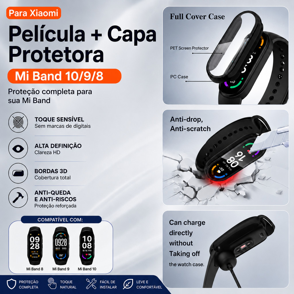 Capa com Película Integrada 2 em 1 Compatível com Xiaomi Smart Band 8 9 10 NFC Proteção Completa