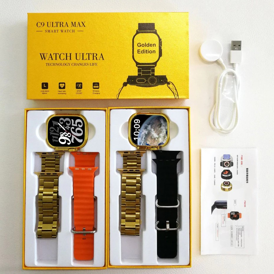Nova 2025 C9 Ultra MAX Gold Relógio Inteligente NFC Sem Fio Smartwatch Bluetooth Chamada Homens Mulheres Esporte Série