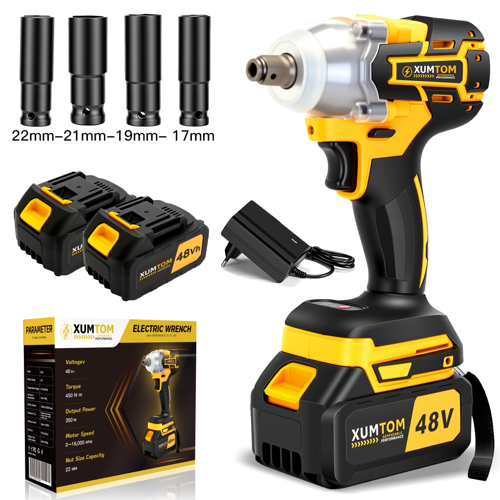 Chave De lmpacto 48V Eletrica 450NM Parafusadeira Brushless COM 48V -2 Bateria + 4 Soquetes