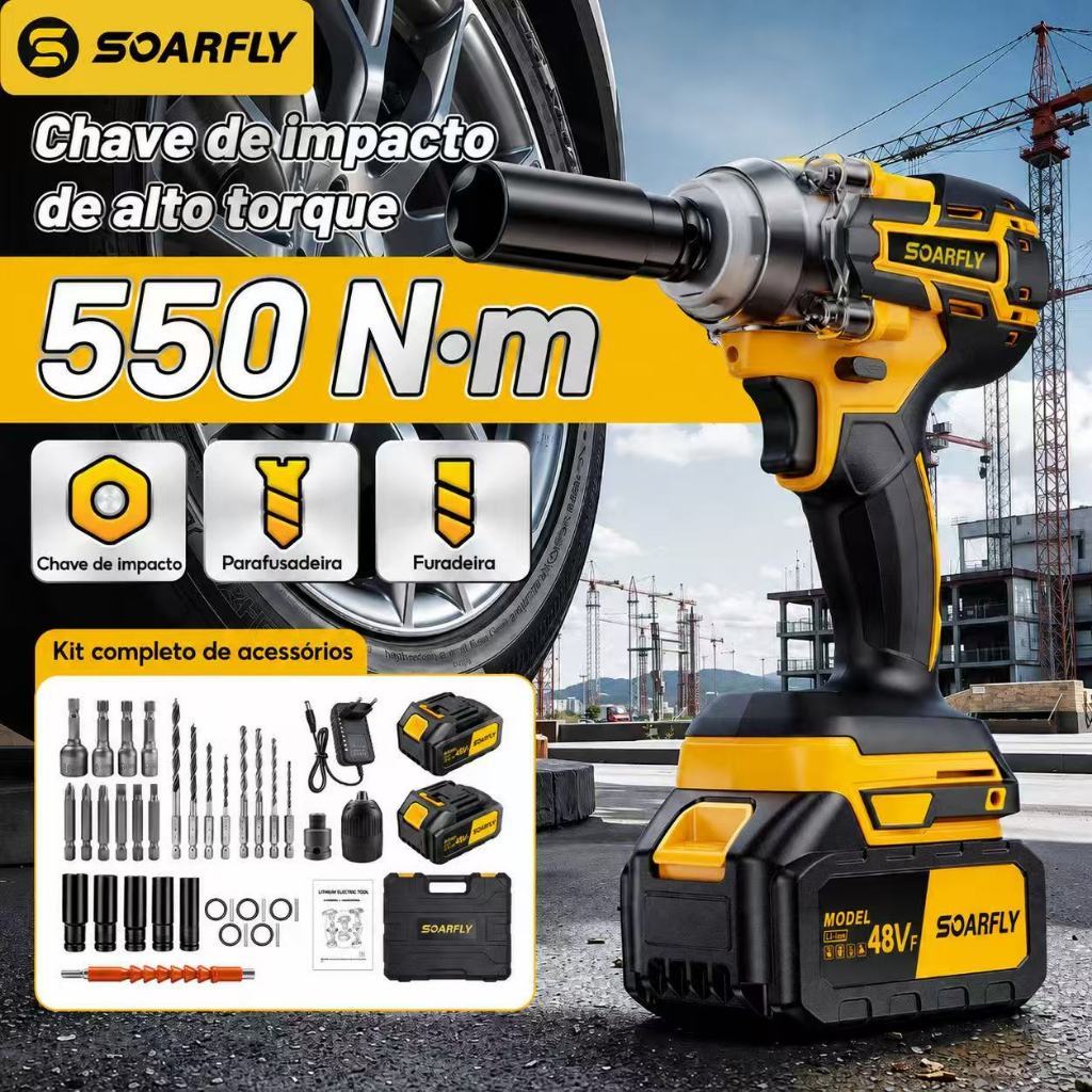 Cordless Electric Impact Wrench with Case, 2 Batteries, 48V, Dual Voltage, 3-in-1, Reinforced, Portable