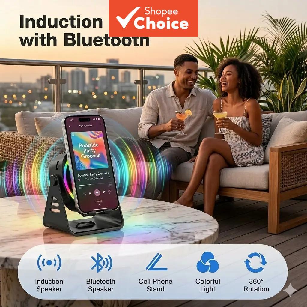 Suporte de Carregamento Sem Fio 7 em 1, Controle Remoto, Microfone, Suporte Giratório 360° para Celular e Tablet