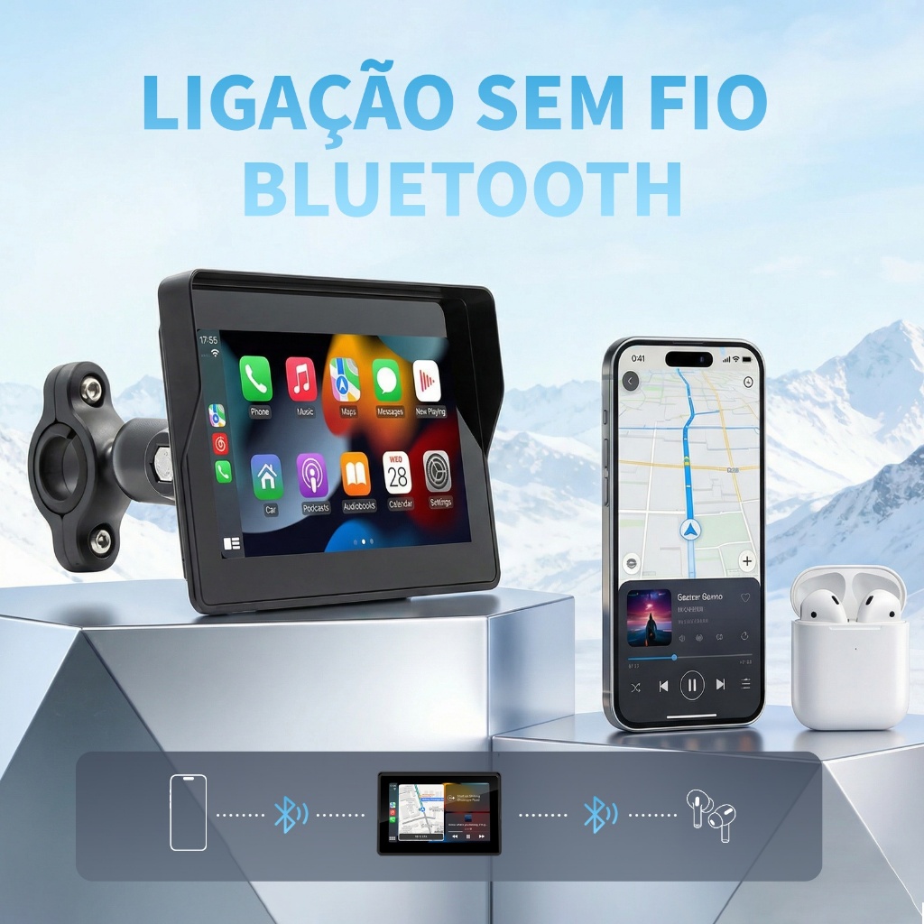 Reprodutor Portátil Tela Inteligente para Moto -CarPlay/Android Auto, Resistente à Água,Sem Fio,IPX6 Impermeável