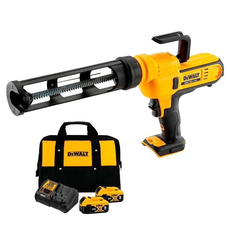 Pistola Aplicação de Silicone 20V 300ml DCE560B + 2 Baterias 5Ah 20V DCB205-B3 + Carregador DCB115 Biv + Bolsa Dewalt
