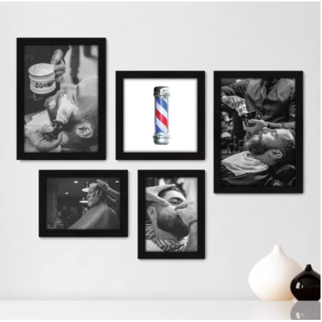Quadros decorativos 5 peças - Barbearia Barbeiro Barber fundo branco lindo em preto e branco pro seu