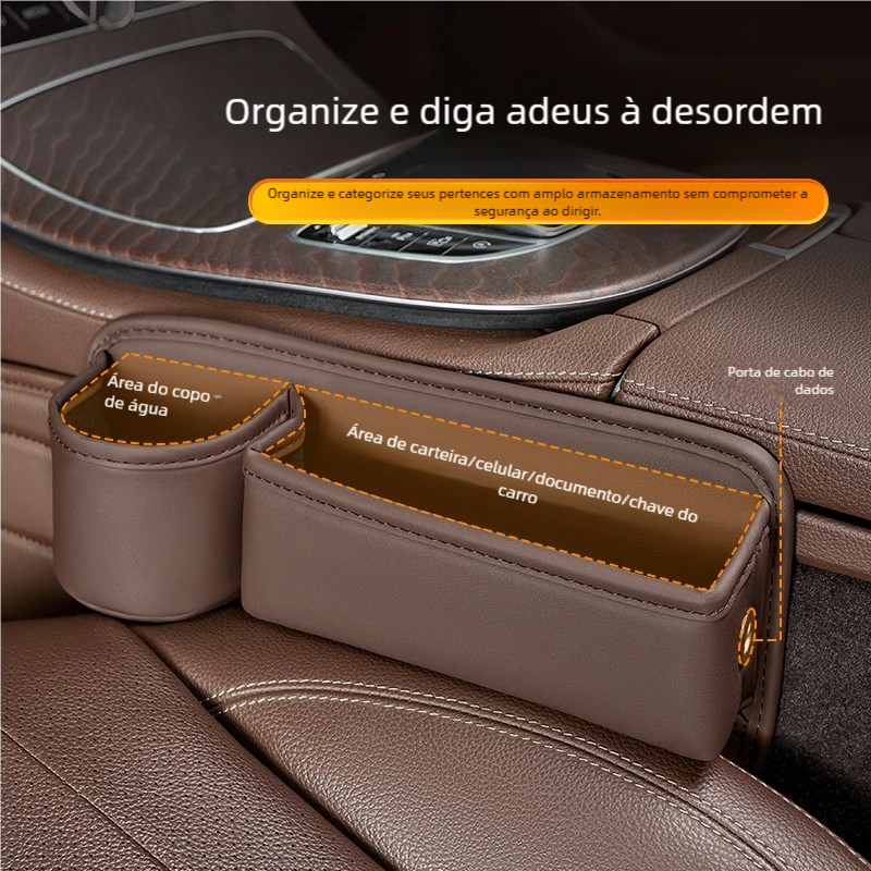 Organizador de Assento de Carro de Couro Console Multifuncional Caixa de Armazenamento com Suporte Copo