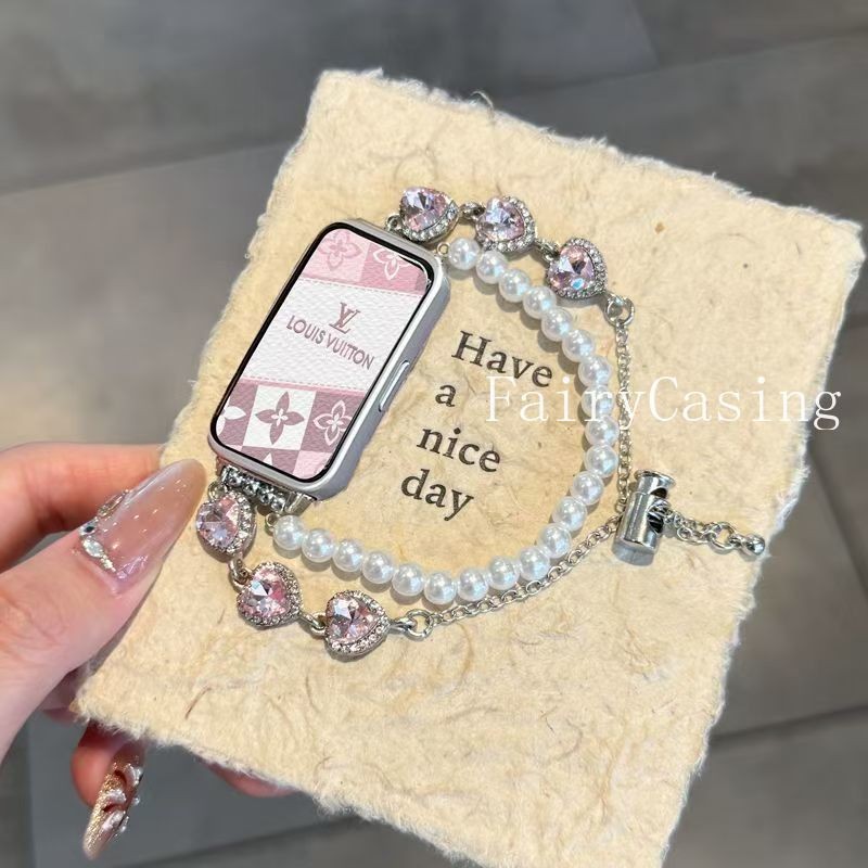 Diamante Cravejado Em Forma De Coração Pérola Besd Pulseira Para Huawei Band 11 pro 10 9 8 Cinta Fit3 4 2 Acessórios Sub