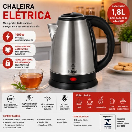 Chaleira Eletrica Inox 1,8 Litros Aquecimento Rapido Potente 1000 Watts Bivolt Chaleira Escritório