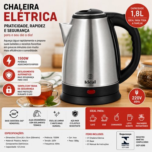 Chaleira Eletrica Inox 1800 Ml Alta Potencia 1500 Watts Rapida Aquecimento 220 Volts