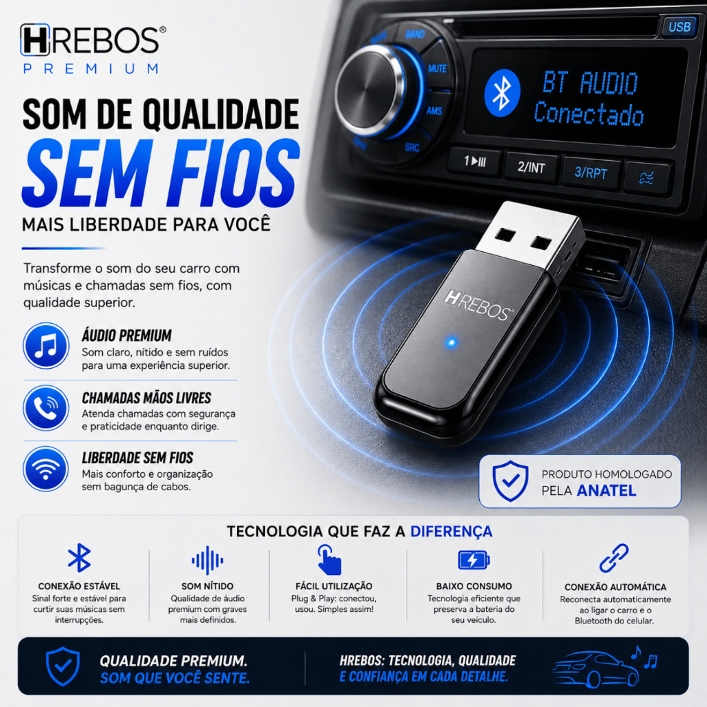 Hrebos Adaptador Bluetooth USB Original Para Som Automotivo Pioneer Receptor Música Carro Wireless Rádio Fácil de usar