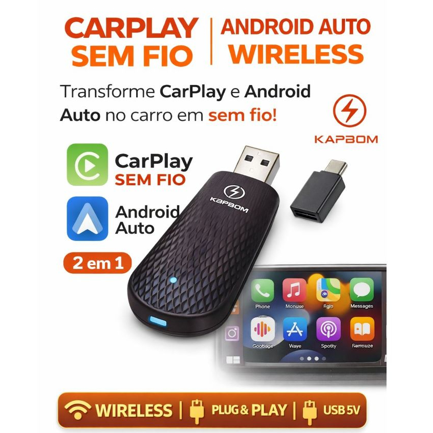 Adaptador CarPlay e Android Auto Sem Fio 2 em 1 Kapbom KA-1132 Wireless Plug & Play USB