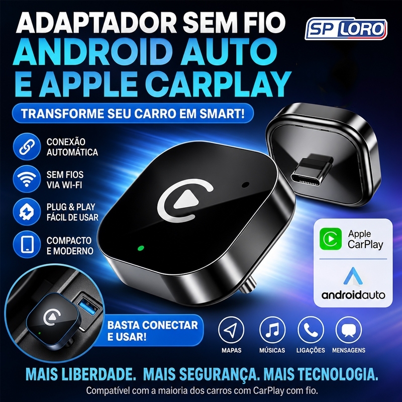 Adaptador CarPlay Sem Fio 2 em 1 Android Auto USB Wireless Automático Plug and Play iPhone ANATEL CARPLAY