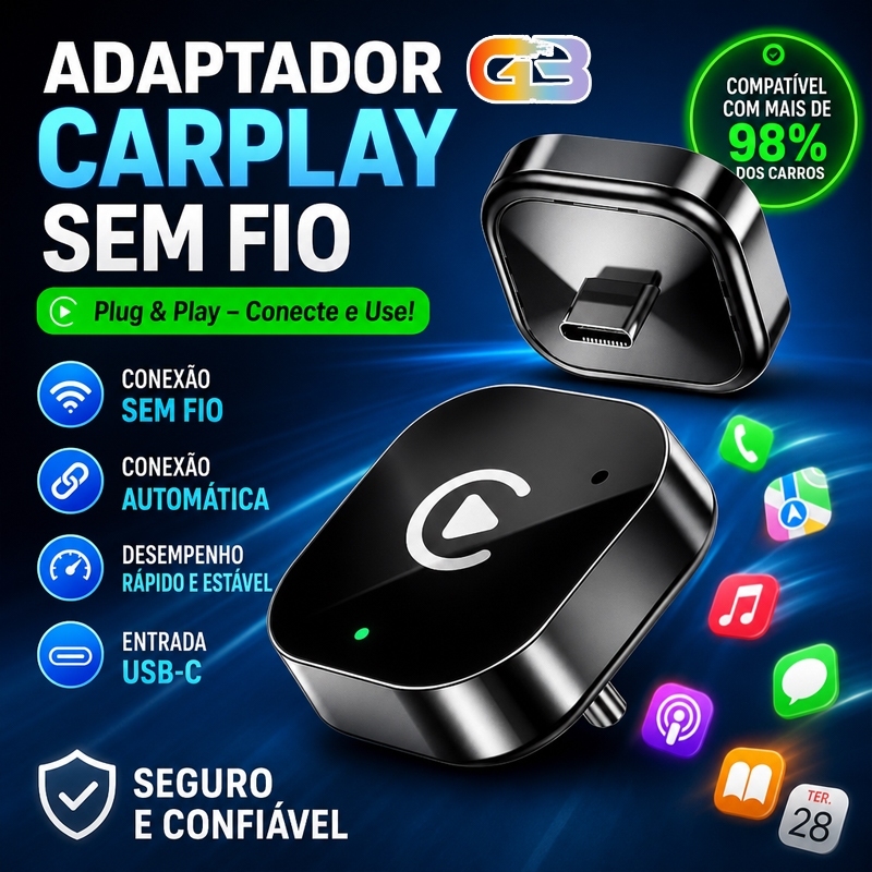 Carplay Adaptador Sem Fio Car Play Android Auto 2 Em 1 Usb Wireless Automático