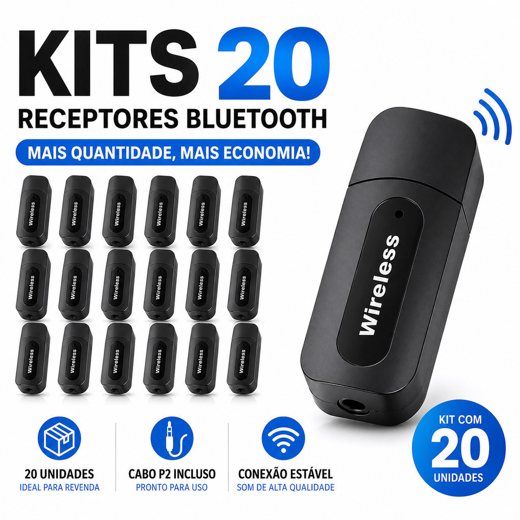 Kit 20 Adaptador Bluetooth P2 Wireless Áudio Som Carro Revenda