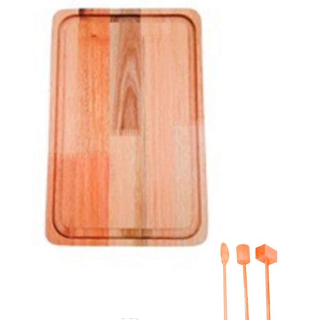 0FERTA 10.10 KIT Tábua Madeira Churrasco (38x30cm) de  Eucalipto, GRATIS COLHER, SOCADOR E B. BIFE