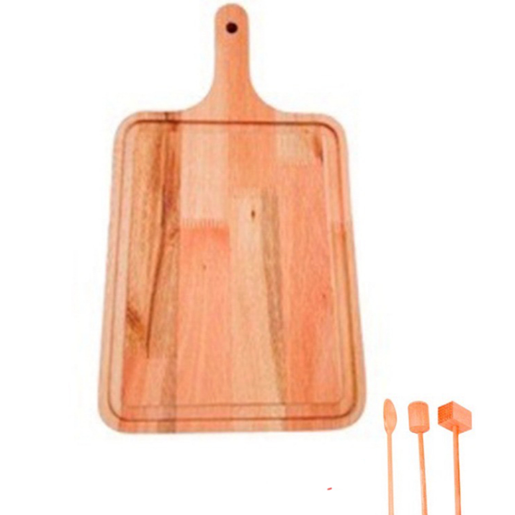 0FERTA 10.10 KIT Tábua Madeira Churrasco Grande Eucalipto cabo (48x30cm) TEC-G GRATIS COLHER, SOCADORR E B, BIFE