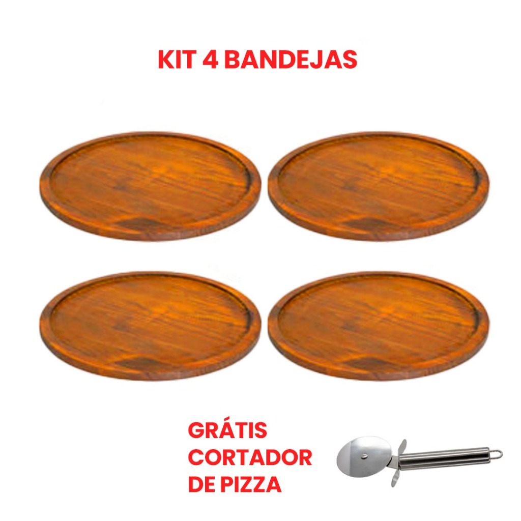 OFERTA 10.10 Kit 4 Bandejas de Madeira Redonda Rústica para Servir Pizza de 40cm GRATIS CORTADOR INOX.