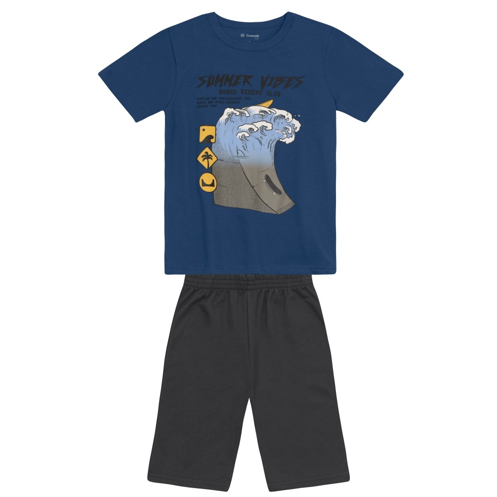 Conjunto Infantil Menino Camiseta Summer Vibes Board Riders e Bermuda Moletinho - Brandili