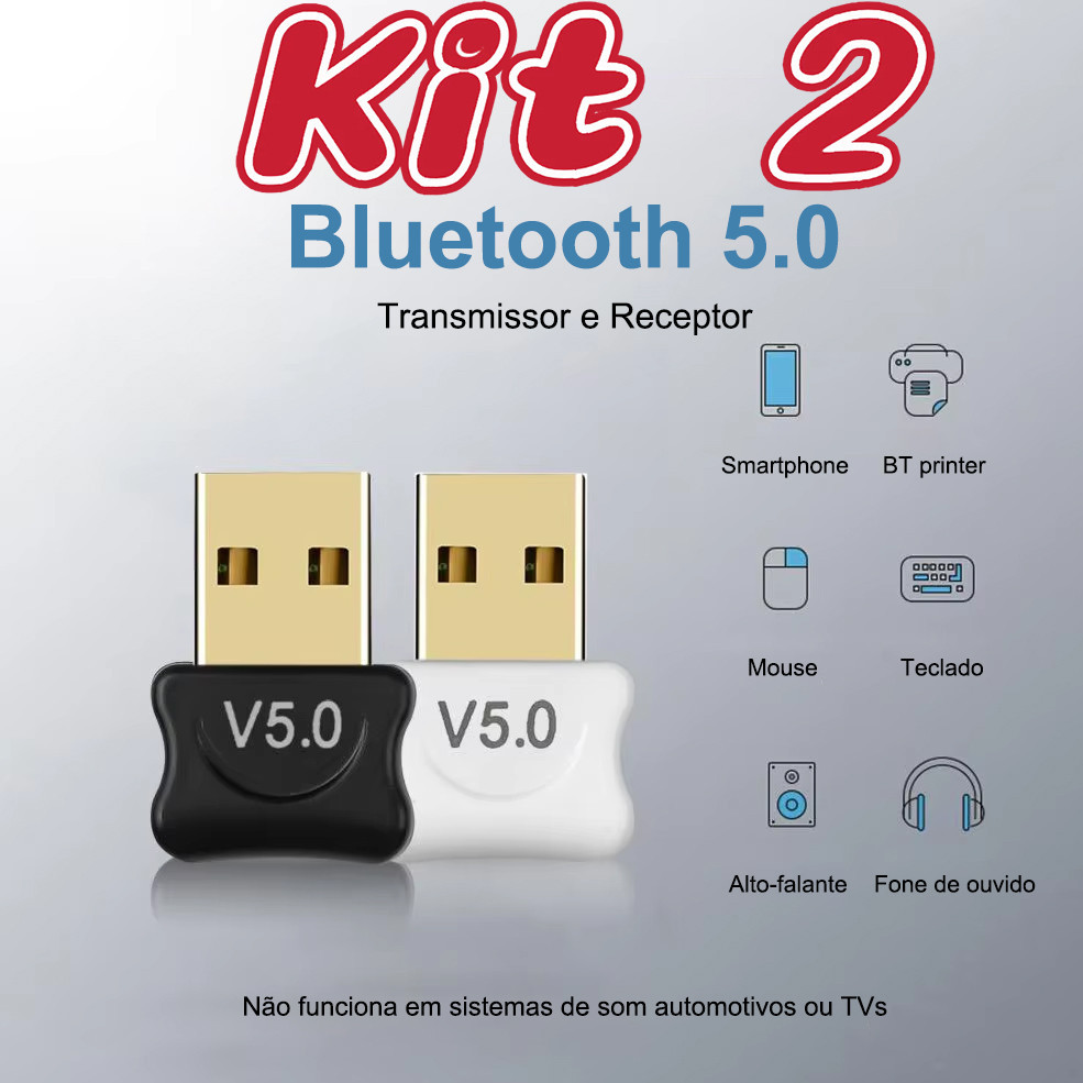 Kit 2 Transmissor Receptor Bluetooth 5.0 USB Dongle Sem Fio Música Áudio para Notebook PC Casa