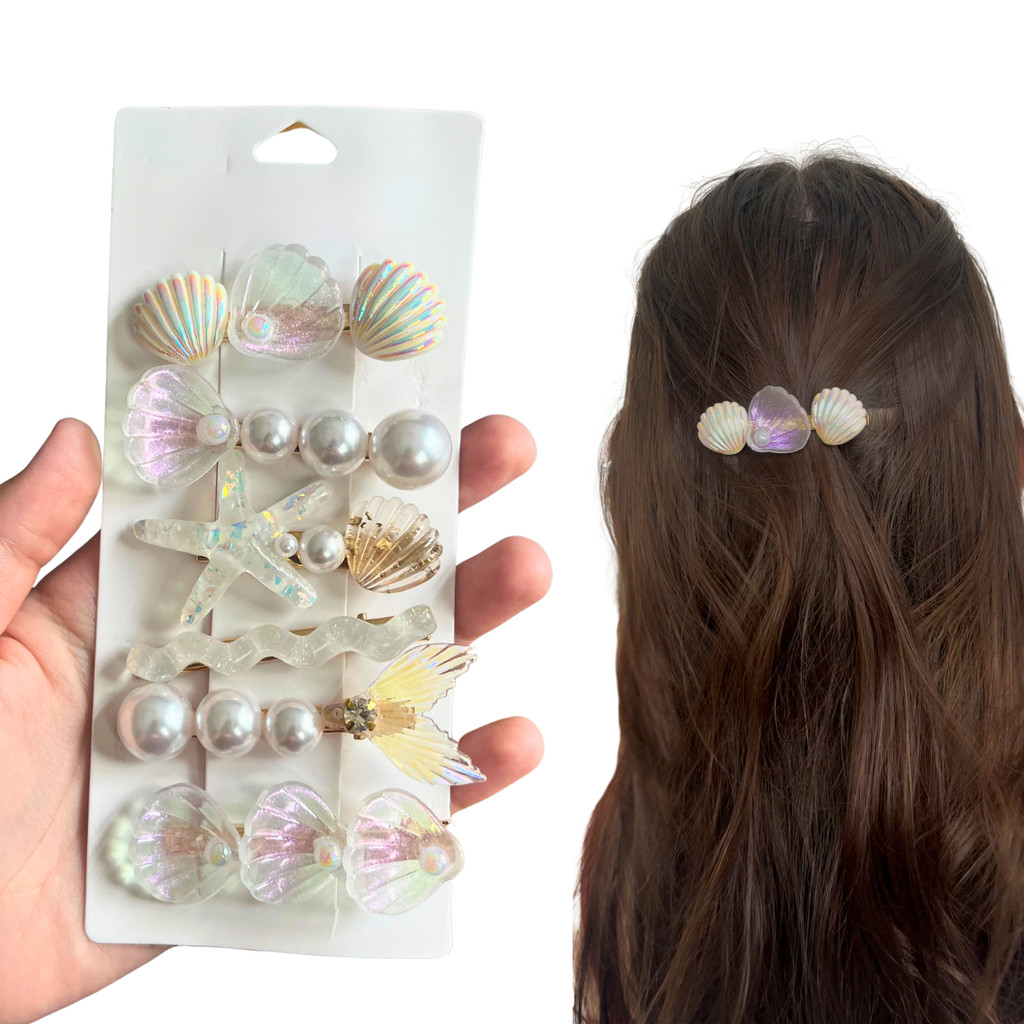 Kit 6 Peças Grampo Clip Enfeites Concha Mar Feminina Para Cabelos Presilhas Luxuosa