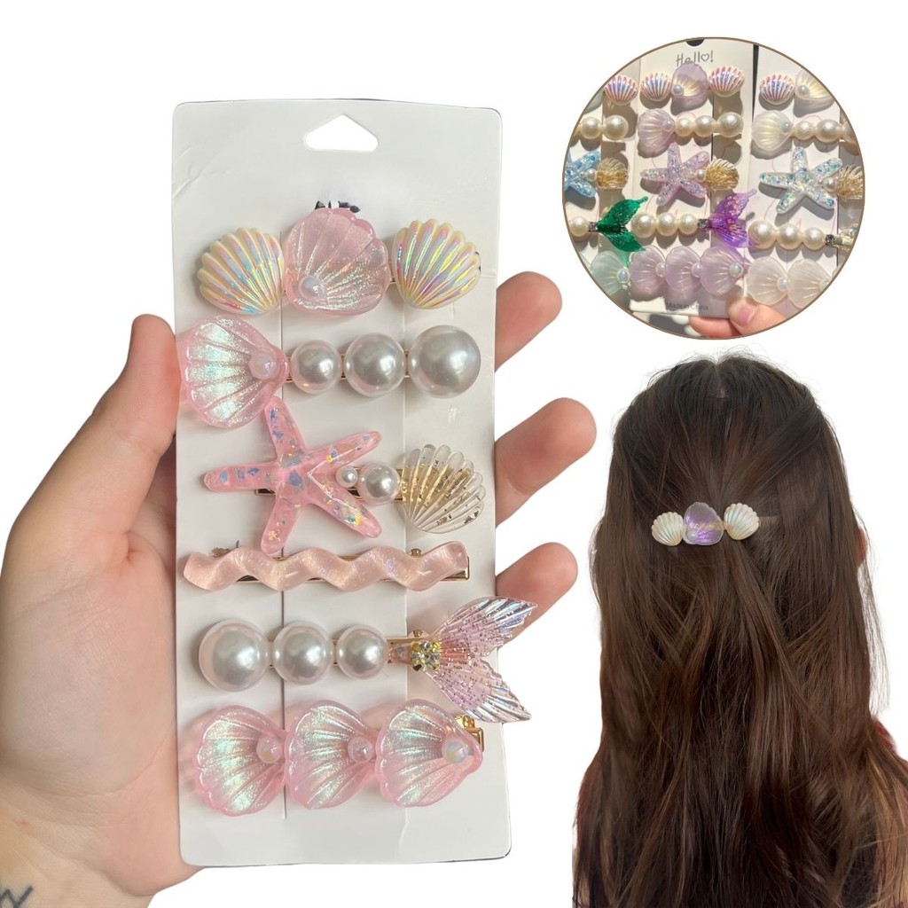 Kit 6 Presilhas Clip Para Cabelo Luxo Formato Conchas Mar Penteado Feminino