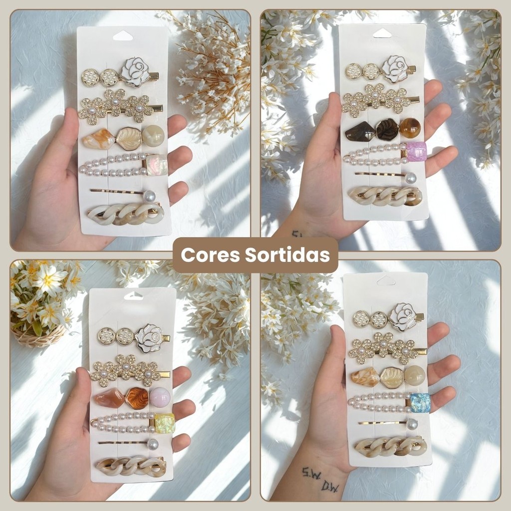 Kit 6 Presilhas Clip Para Cabelo Luxo Formato Pedras Strass Penteado Feminino