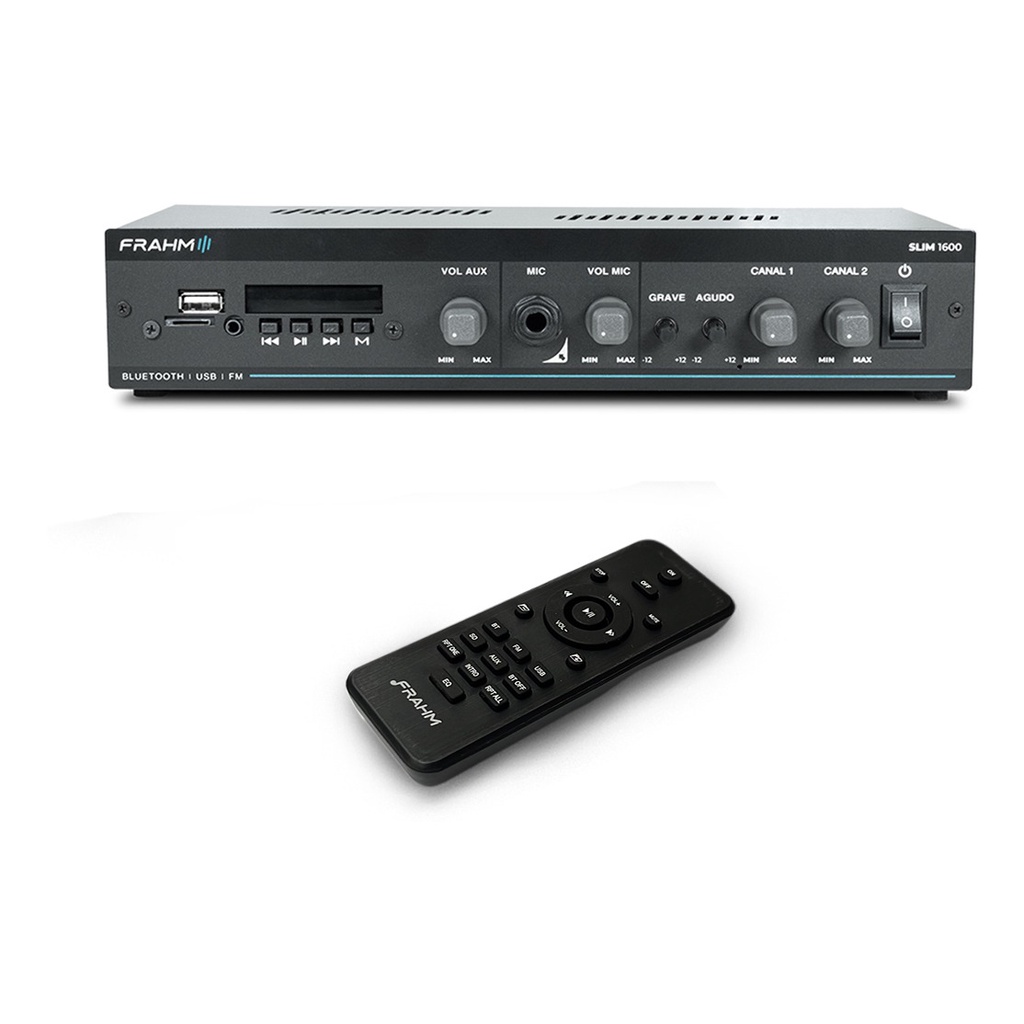 Amplificador Frahm Slim 1600 G5 BT/USB/SD/AUX C/ Controle 2x30 Watts Rms - Até 12 Caixas - 110/220v