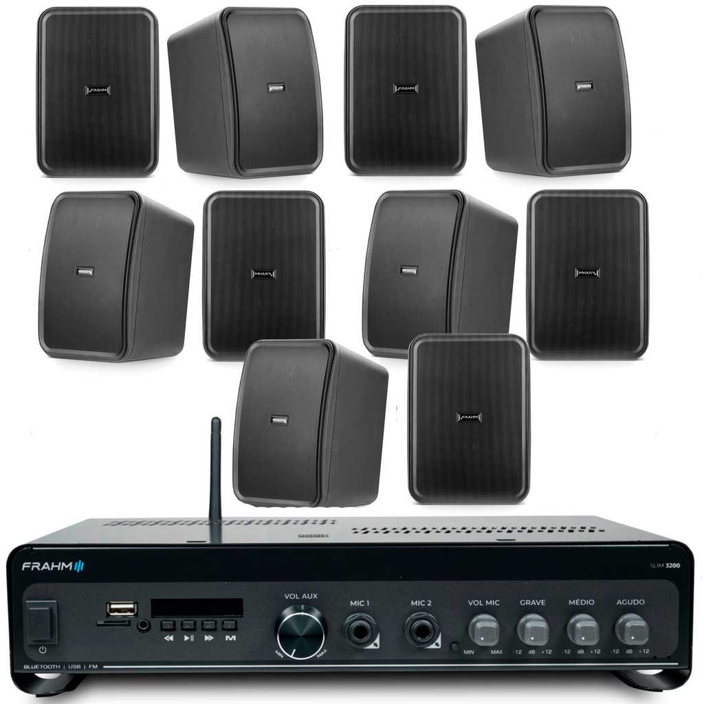 Kit Som Ambiente Bluetooth Conexão Tv + 10 Caixas Frahm CS5 80 Watts Parede Preta