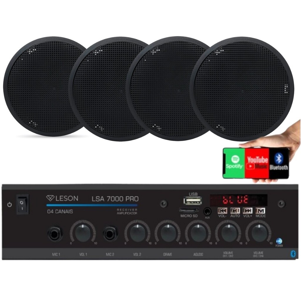 Kit Som Ambiente 4 Canal 500watts + 04 Caixas Para Teto/gesso Preto