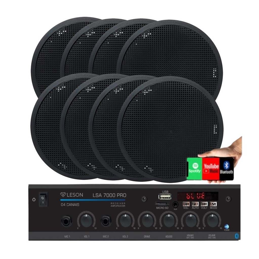 Kit Som Ambiente 4 Canal 500watts + 8 Caixas Para Teto/gesso Preto leson