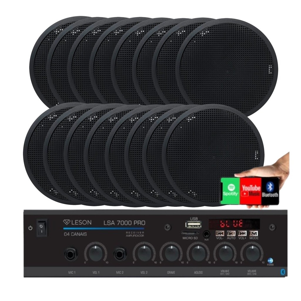 Som Ambiente 4 Canal 500watts Com 16 Caixas Para Teto/gesso Preto Leson