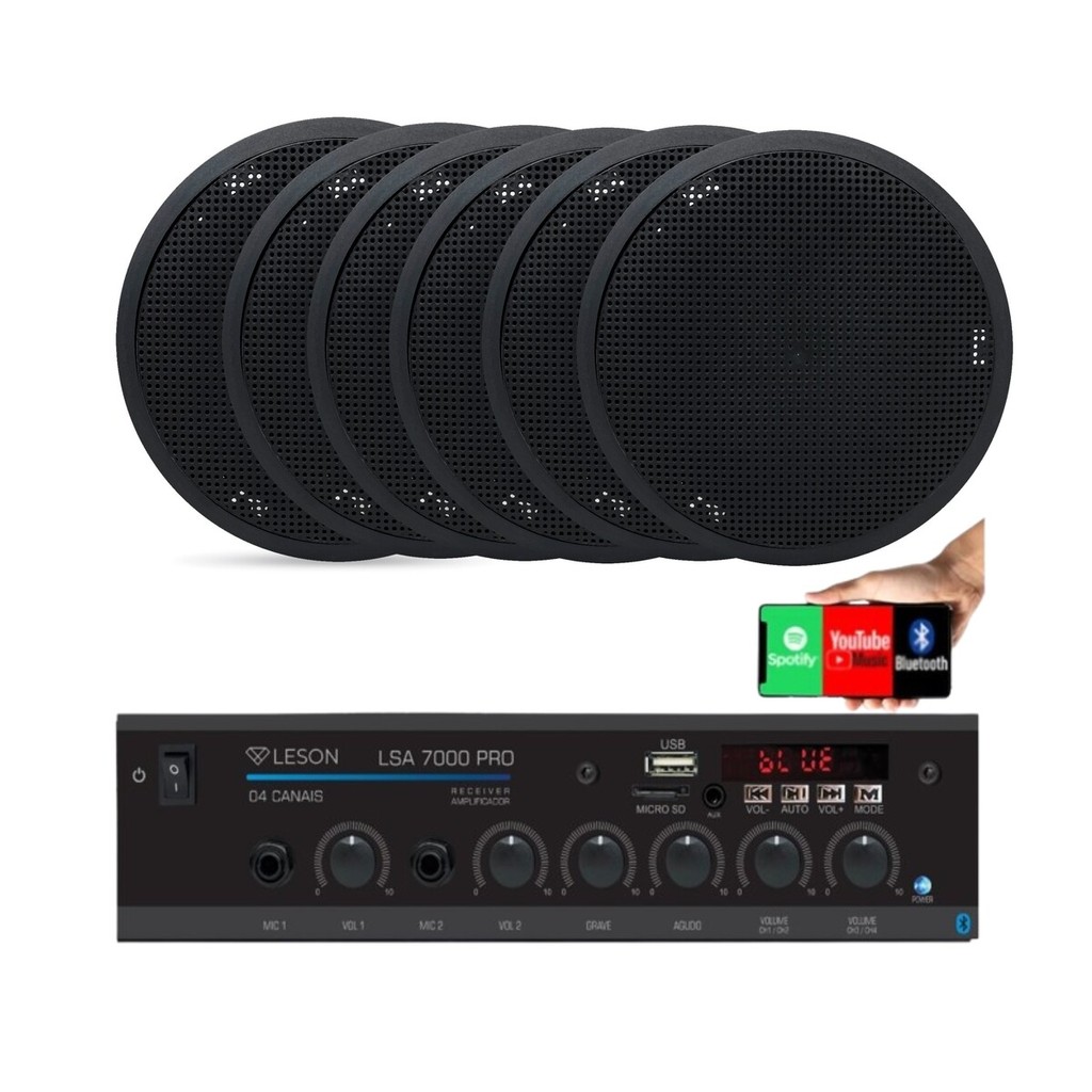 Kit Som Ambiente 4 Canal 500watts + 06 Caixas Para Teto/gesso Preto