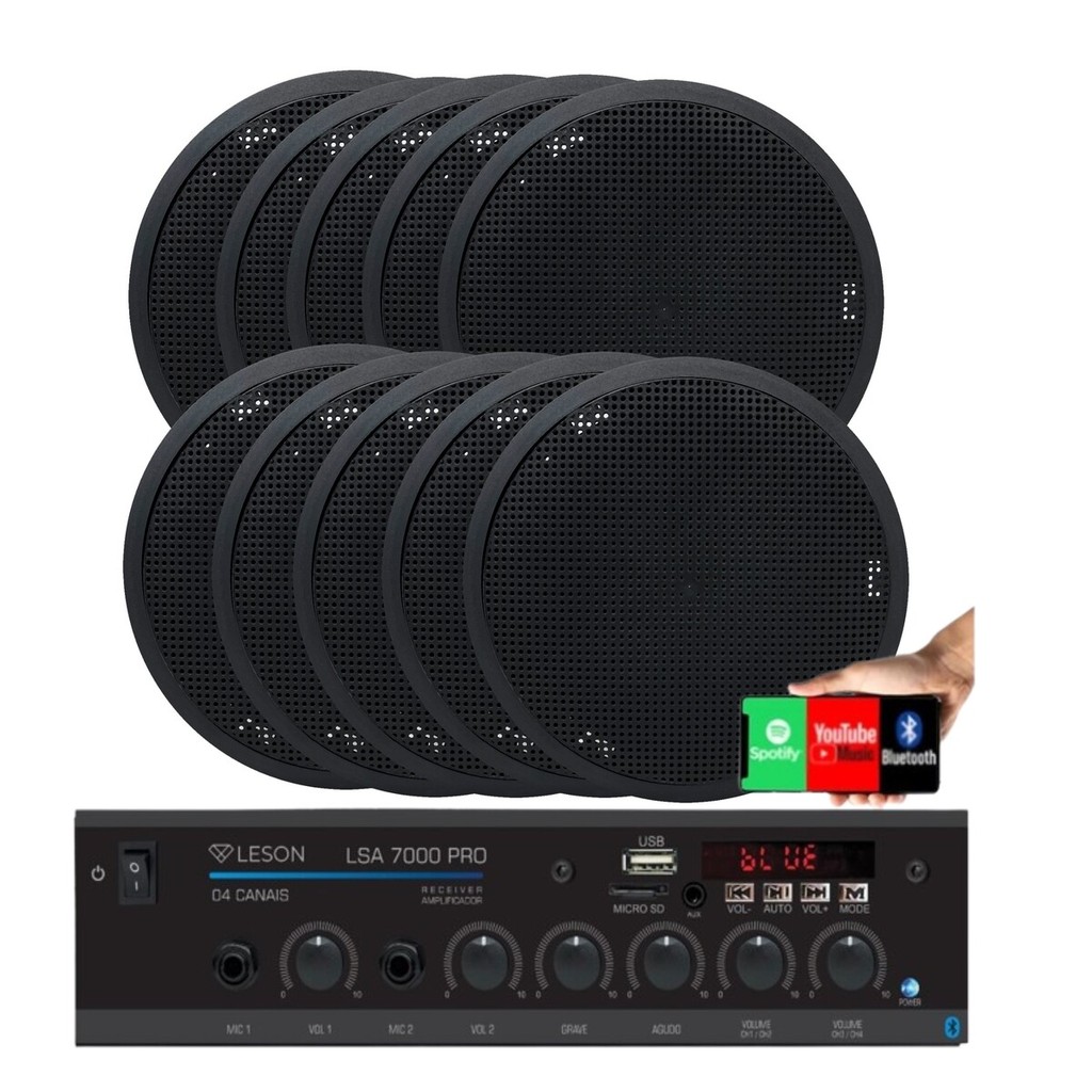 Kit Som Ambiente 4 Canal 500watts + 10 Caixas Para Teto/gesso Preto
