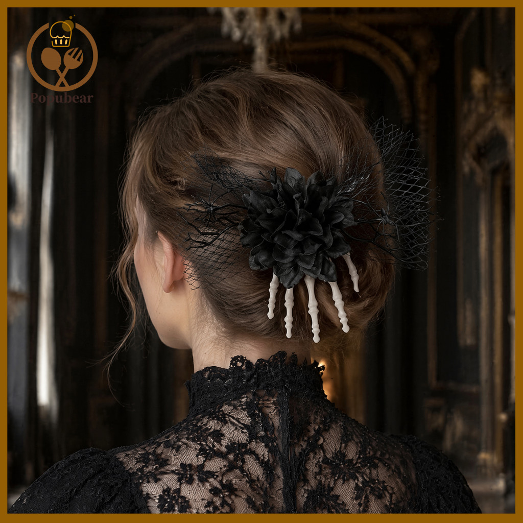 Halloween Hair Clips Spooky Accessories Skeleton Hand Clip with Black Mesh Skull Bone Claw Hairpin for Women Girls Party