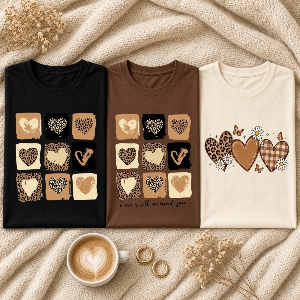 Kit 3 Camisetas Femininas Estampadas Corações Onça Love Is All Around Animal Print Algodão Casual Blusa Avulsa